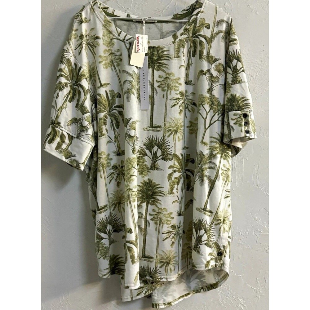 Jane + Delancey Womenâs Plus Top 3X White/Green Tropical Knit Round Neck SS
